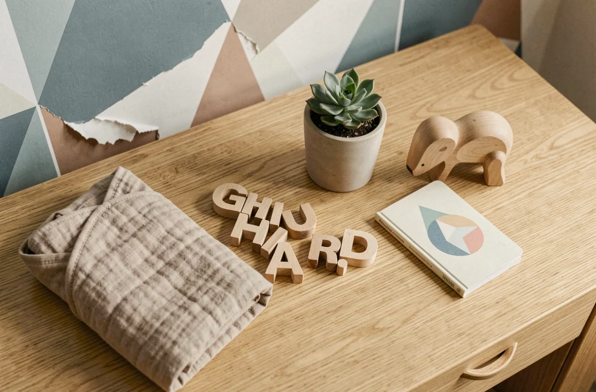 Flat-lay d'accessoires de chambre bébé évolutifs sur table à langer en bois clair avec papier peint amovible en arrière-plan