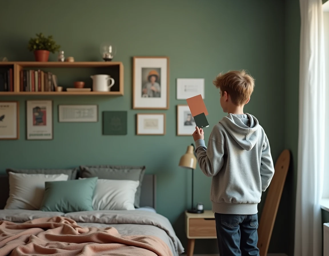 Adolescent choisissant des nuanciers de peinture pour redécorer sa chambre avec des couleurs évolutives