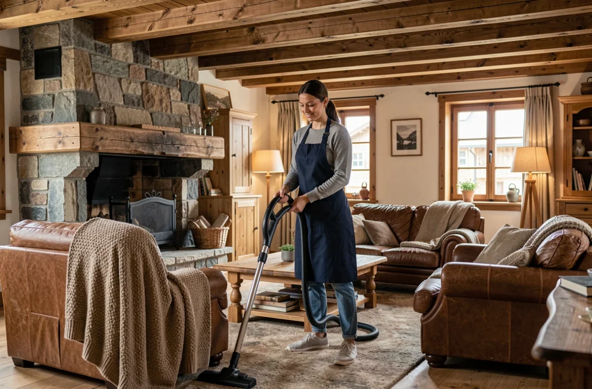 Aide ménagère passant l'aspirateur dans un chalet en bois typique de Haute-Savoie