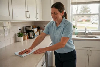 Aide ménagère professionnelle nettoyant un plan de travail dans une cuisine moderne à Laval