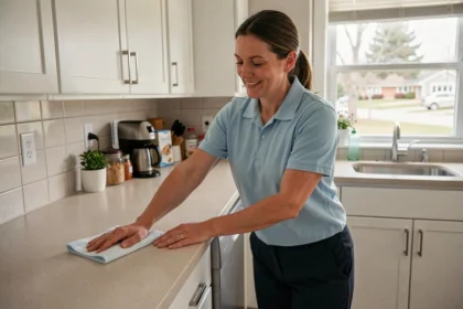 Aide ménagère professionnelle nettoyant un plan de travail dans une cuisine moderne à Laval