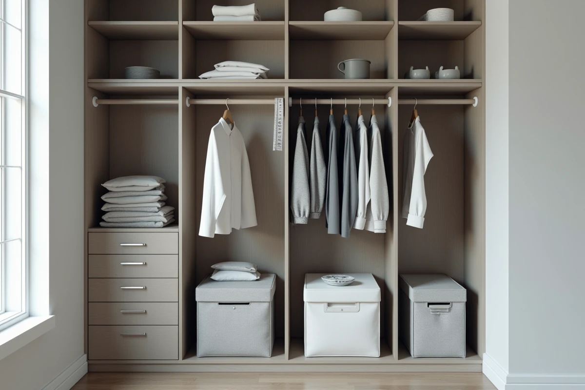 Dressing deux personnes vide et organisé avec mètre ruban et notes de mesures sur les étagères