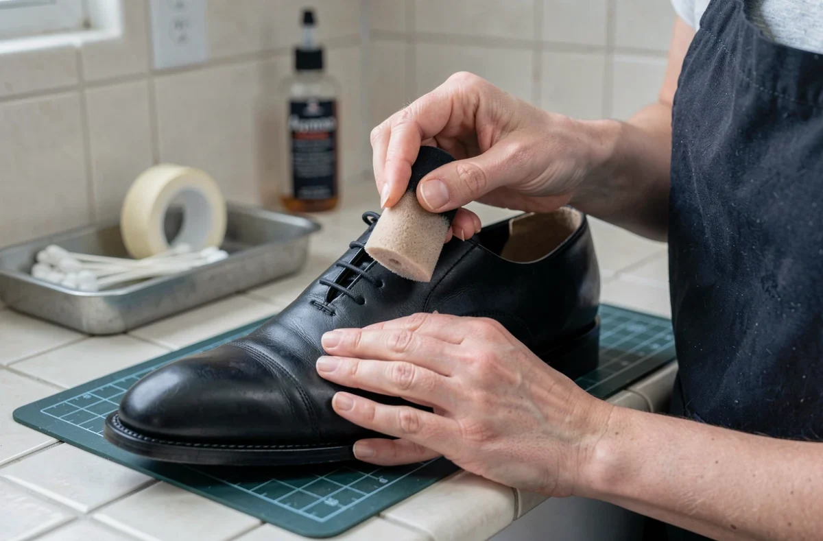 Mains appliquant de la teinture cuir sur une chaussure Derby noire avec une éponge, tutoriel coloration cuir pas à pas pour débutant
