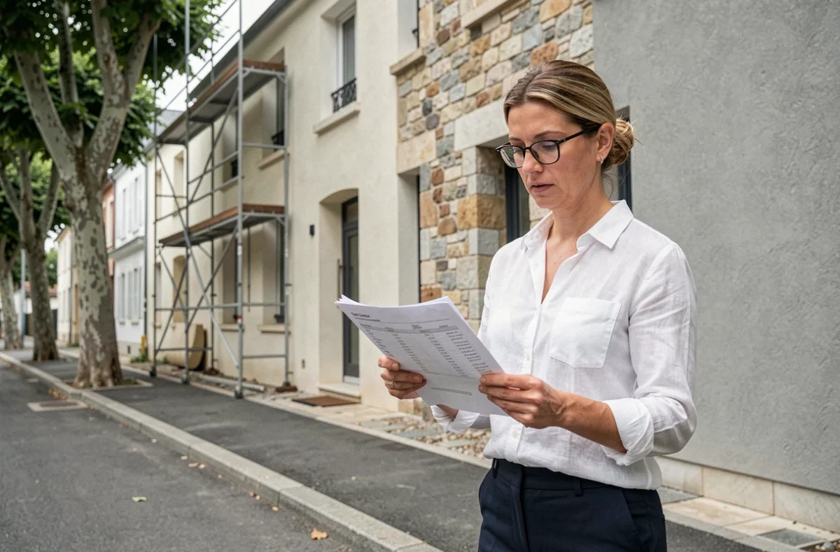 Architecte femme consultant un devis de ravalement devant une façade rénovée avec différentes finitions en zone pavillonnaire