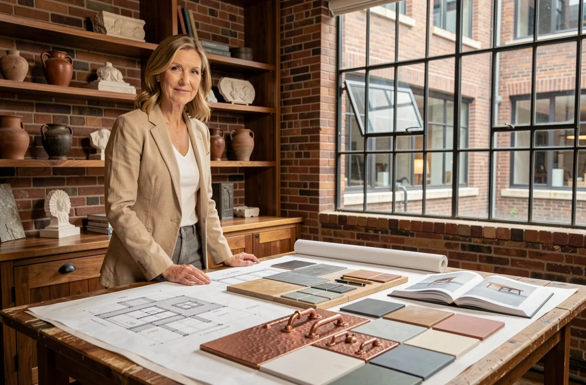Architecte d'intérieur spécialisée Arts and Crafts examinant des plans et échantillons de matériaux artisanaux dans son studio de design professionnel