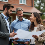 Architecte discutant avec un couple devant une maison de banlieue