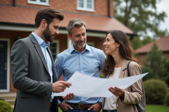 Architecte discutant avec un couple devant une maison de banlieue