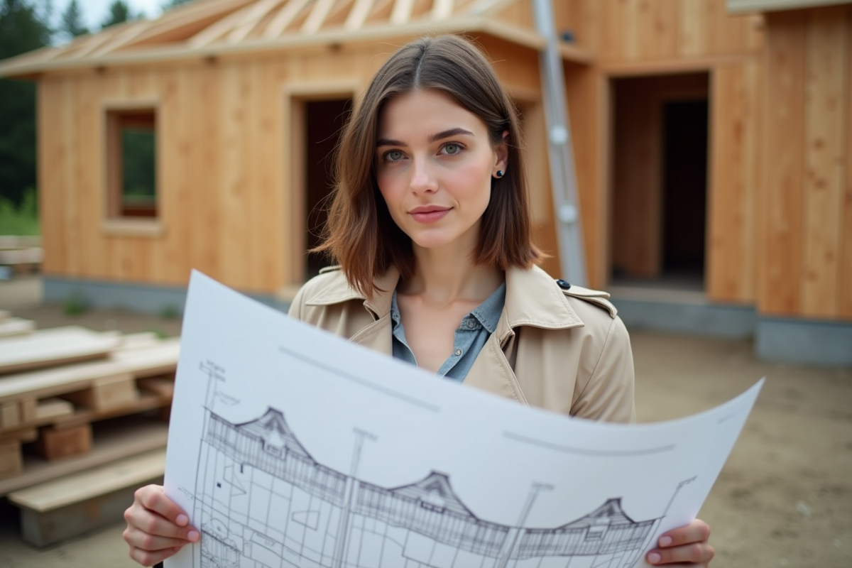 Jeune architecte examinant un plan de toiture