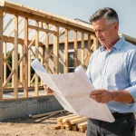 Architecte étudiant les plans d'une maison plain-pied en construction, vue du chantier avec ossature bois apparente