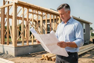 Architecte étudiant les plans d'une maison plain-pied en construction, vue du chantier avec ossature bois apparente
