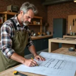 Artisan professionnel examinant des plans de travaux sur un établi en bois dans un atelier authentique