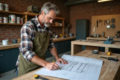 Artisan professionnel examinant des plans de travaux sur un établi en bois dans un atelier authentique