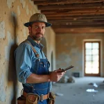 Artisan examinant un mur en pierre ancienne lors d'une rénovation d'appartement ancien en France