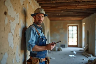 Artisan examinant un mur en pierre ancienne lors d'une rénovation d'appartement ancien en France