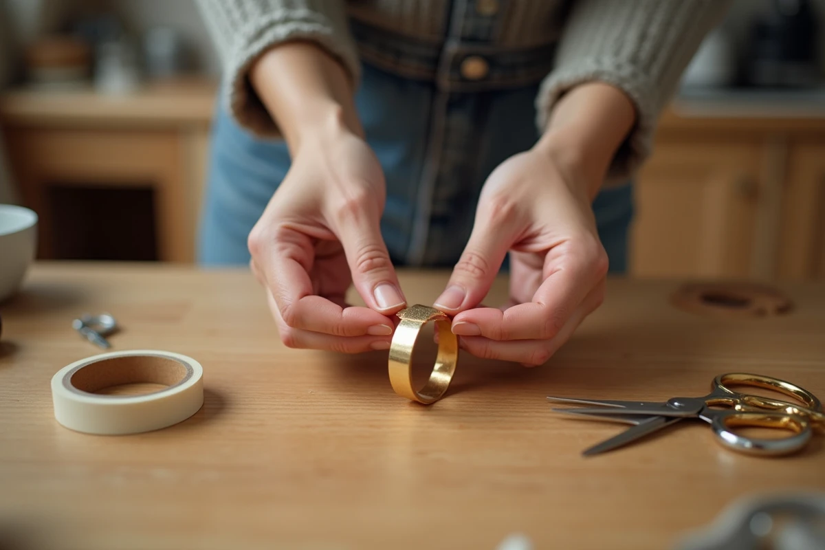 Femme utilisant du ruban adhésif transparent pour ajuster une bague trop grande à la maison