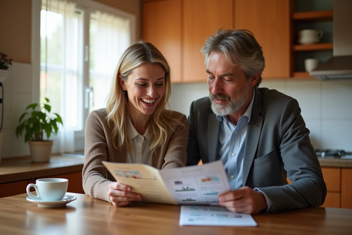 Couple consultant des billets et un catalogue de loisirs CSE à la maison
