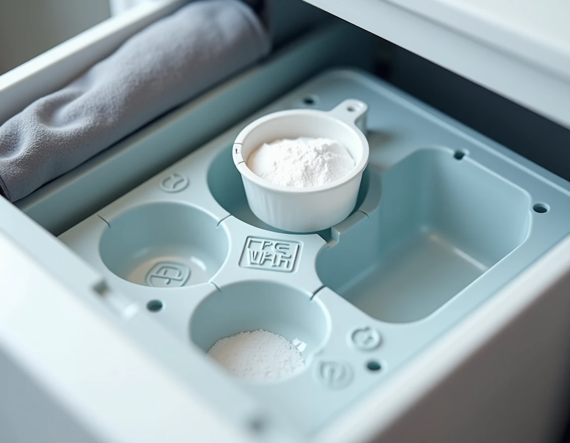 Gros plan sur le bac à lessive d'un lave-linge avec ses compartiments pré-lavage, lavage et assouplissant bien visibles