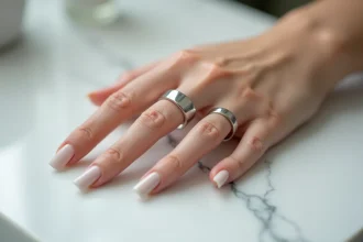 Bague trop grande qui tourne sur le doigt d'une femme posée sur un comptoir en marbre blanc