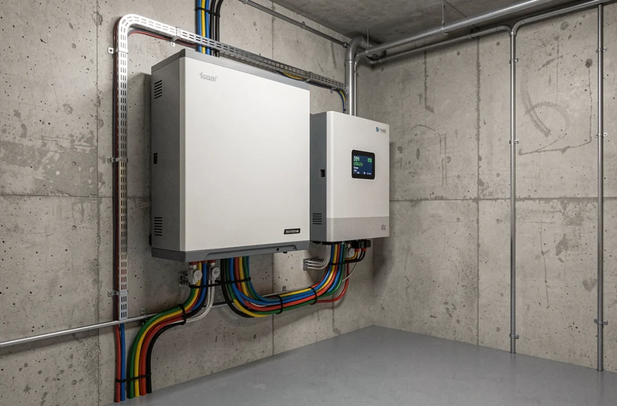 Batterie lithium et onduleur hybride pour kit solaire 3000W installés dans une chaufferie de maison