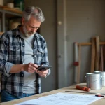 Homme bricoleur en atelier avec plans et calculatrice