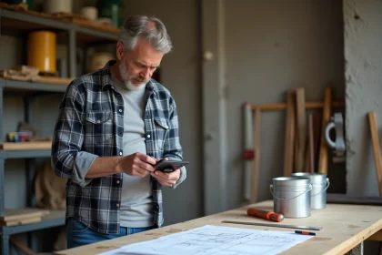 Homme bricoleur en atelier avec plans et calculatrice
