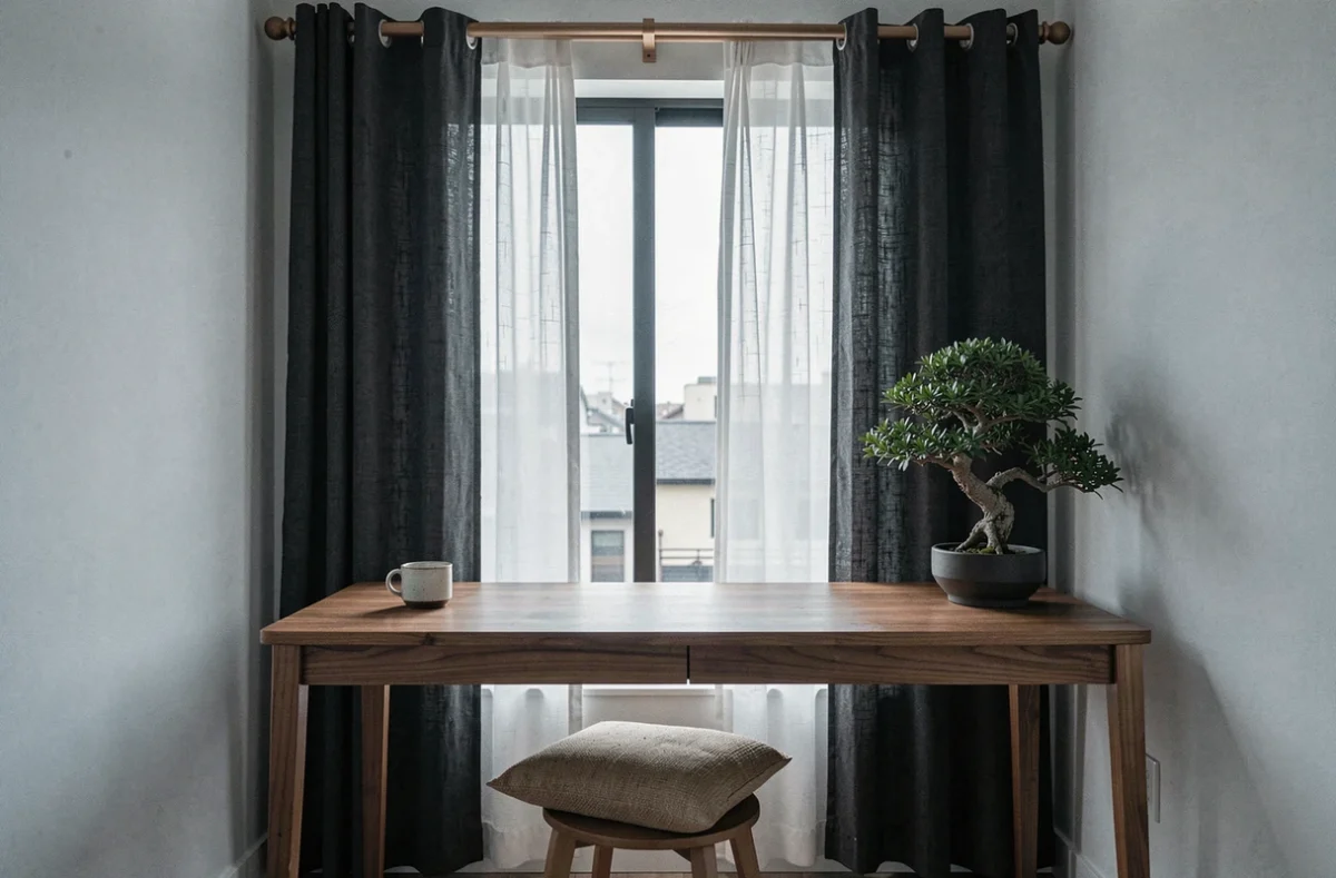 Bureau japonisant avec double rideau voile et lin anthracite sur fenêtre urbaine minimaliste