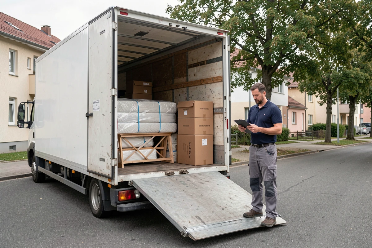 Camion de déménagement ouvert avec meubles emballés et déménageur vérifiant un inventaire dans une rue résidentielle
