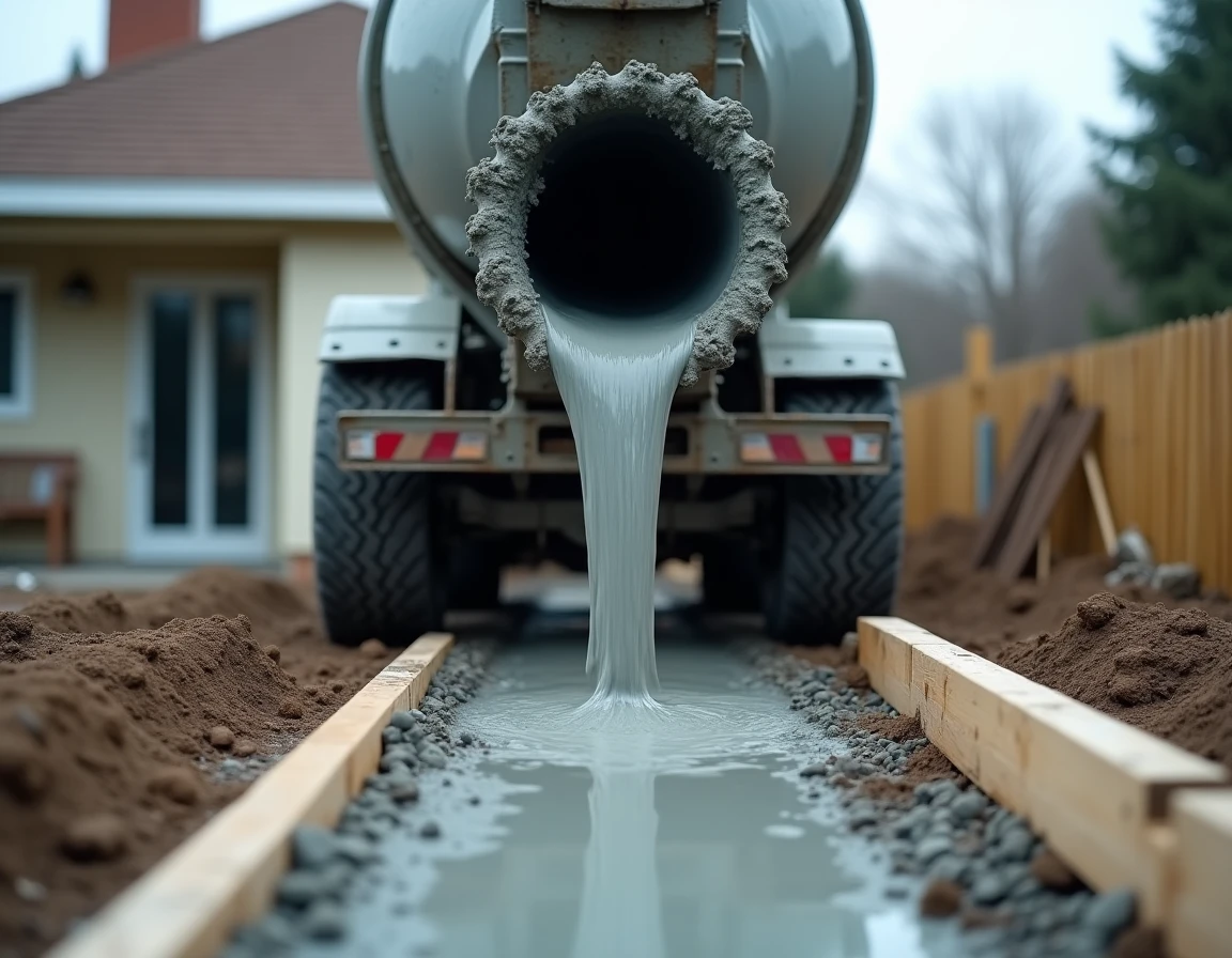 Camion toupie déversant du béton frais dans un coffrage en bois sur un chantier résidentiel