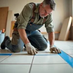 Hommes en travaux posant des carreaux dans une cuisine lumineuse