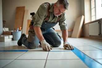 Hommes en travaux posant des carreaux dans une cuisine lumineuse