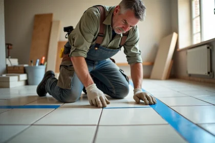 Hommes en travaux posant des carreaux dans une cuisine lumineuse
