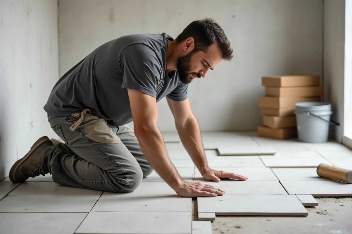 Carreleur professionnel posant des carreaux en céramique au sol lors d'une rénovation de salle de bain