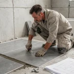 Carreleur professionnel posant du carrelage en grès cérame sur un sol de salle de bain en cours de rénovation