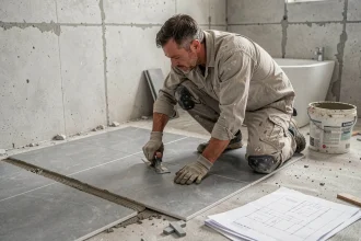 Carreleur professionnel posant du carrelage en grès cérame sur un sol de salle de bain en cours de rénovation