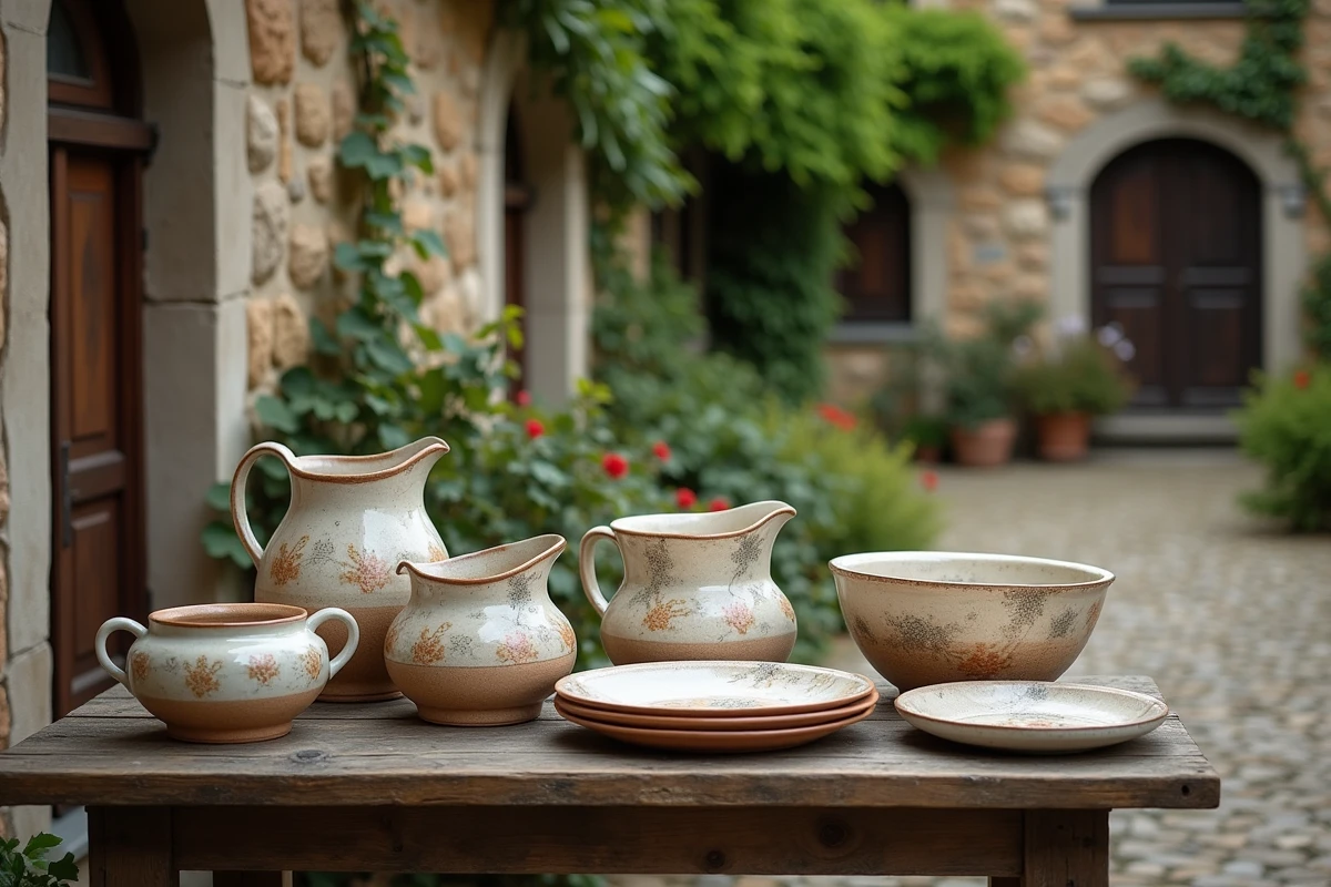 Pièces de poterie colorées sur une table en extérieur dans la cour