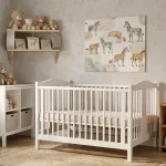 Chambre bébé évolutive décorée en tons neutres beige et vert sauge avec lit convertible en bois blanc et étagères modulables