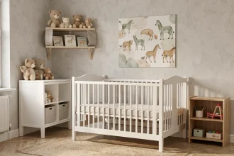 Chambre bébé évolutive décorée en tons neutres beige et vert sauge avec lit convertible en bois blanc et étagères modulables