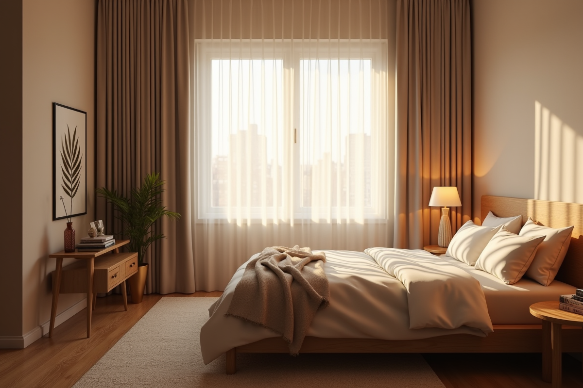 Chambre paisible avec rideaux occultants laissant passer la lumière