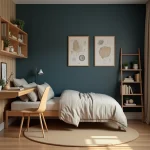 Chambre garçon décorée en bleu marine et bois naturel avec des accents intemporels adaptés à tous les âges