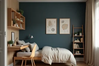 Chambre garçon décorée en bleu marine et bois naturel avec des accents intemporels adaptés à tous les âges