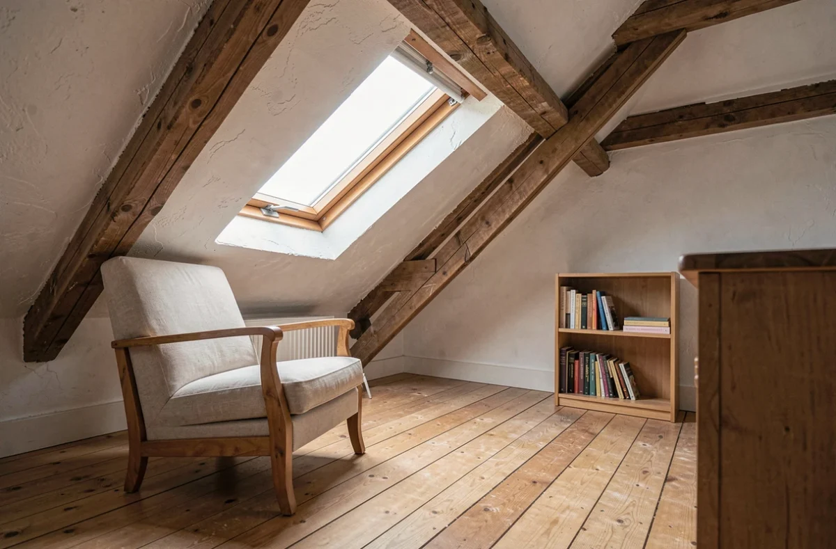 Chambre mansardée rénovée avec une nouvelle fenêtre de toit installée dans le plafond en pente