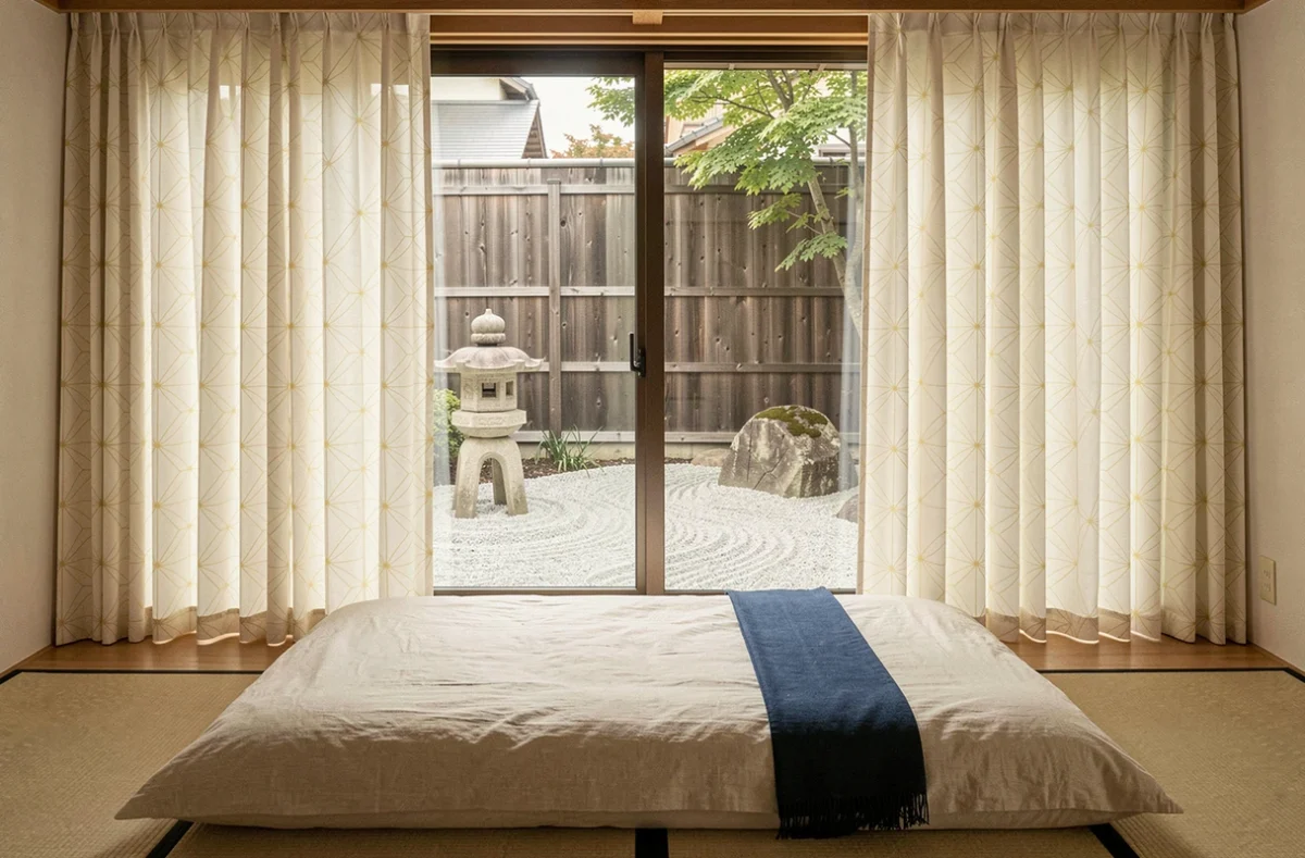 Chambre japonisante avec rideaux à motif asanoha donnant sur un jardin zen minimaliste
