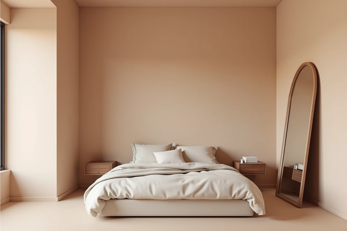 Chambre studio étroite avec peinture enveloppante beige argile sur murs et plafond pour effet agrandissement