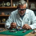 Horloger professionnel remplaçant la pile d'une montre étanche sur un établi d'atelier avec des outils de précision