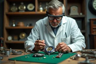 Horloger professionnel remplaçant la pile d'une montre étanche sur un établi d'atelier avec des outils de précision