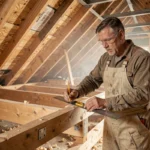 Charpentier mesurant une fermette industrielle dans un grenier en construction pour la pose d'un chevêtre Velux 78x98