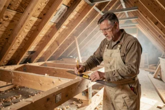 Charpentier mesurant une fermette industrielle dans un grenier en construction pour la pose d'un chevêtre Velux 78x98