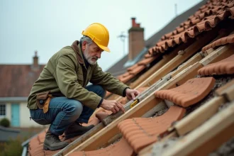 Charpentier inspectant la structure d'une toiture en rénovation lourde sur une maison de 100m2