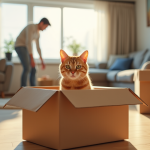 Chat ginger dans une boîte en carton lors d'un déménagement