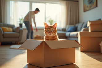 Chat ginger dans une boîte en carton lors d'un déménagement